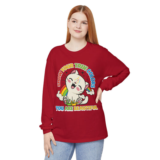 Cute Cat Long Sleeve T-Shirt - Show Your True Colors, Rainbow Graphic Tee, Gift for Cat Lovers, LGBTQ+ Pride Apparel, Fun Casual Wear