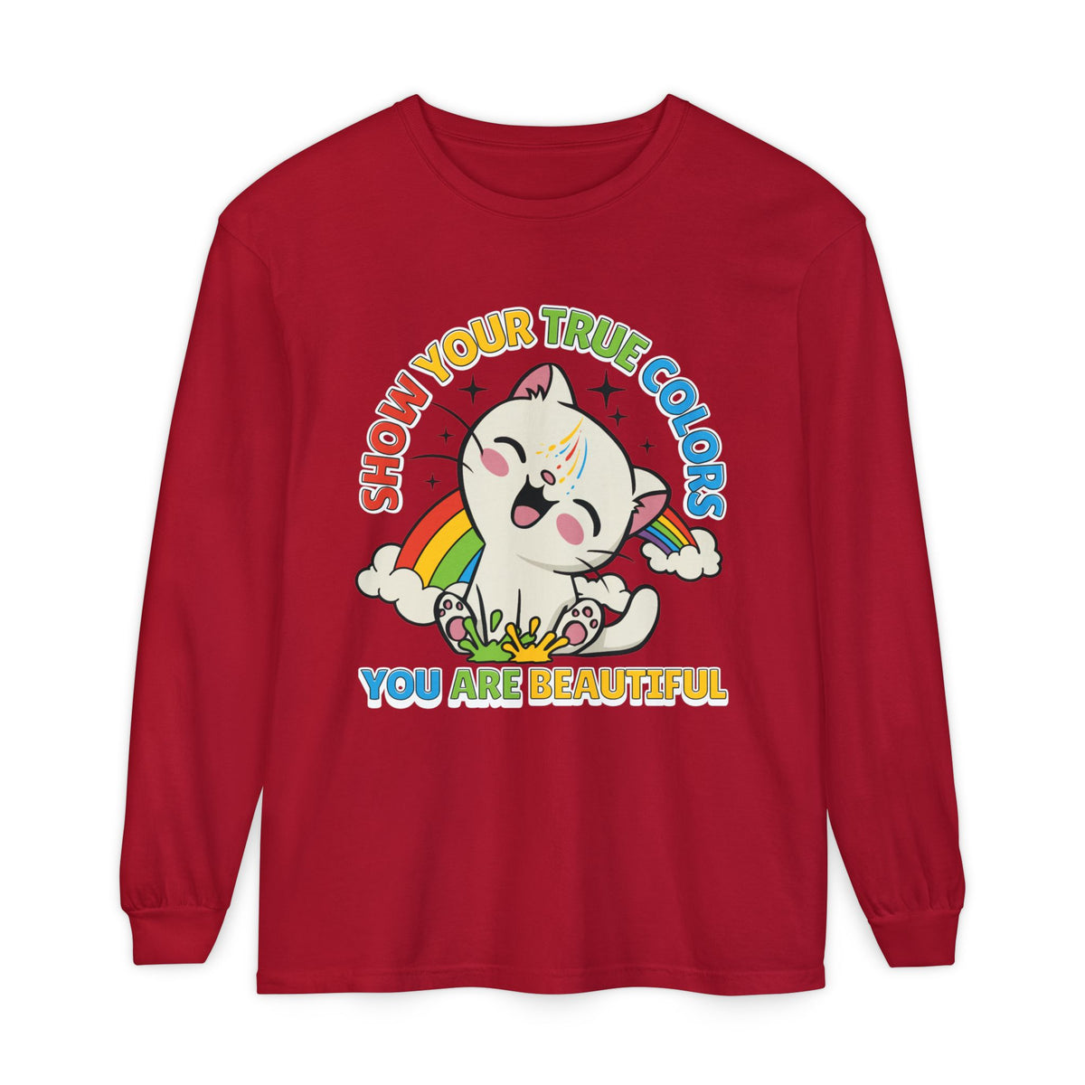 Cute Cat Long Sleeve T-Shirt - Show Your True Colors, Rainbow Graphic Tee, Gift for Cat Lovers, LGBTQ+ Pride Apparel, Fun Casual Wear