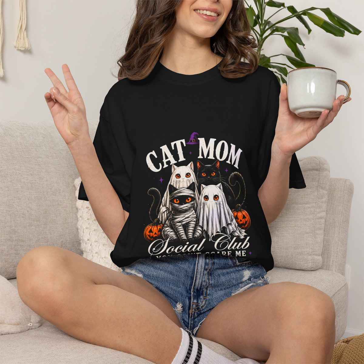 Cat Mom Social Club Halloween T-Shirt — "You Can't Scare Me"