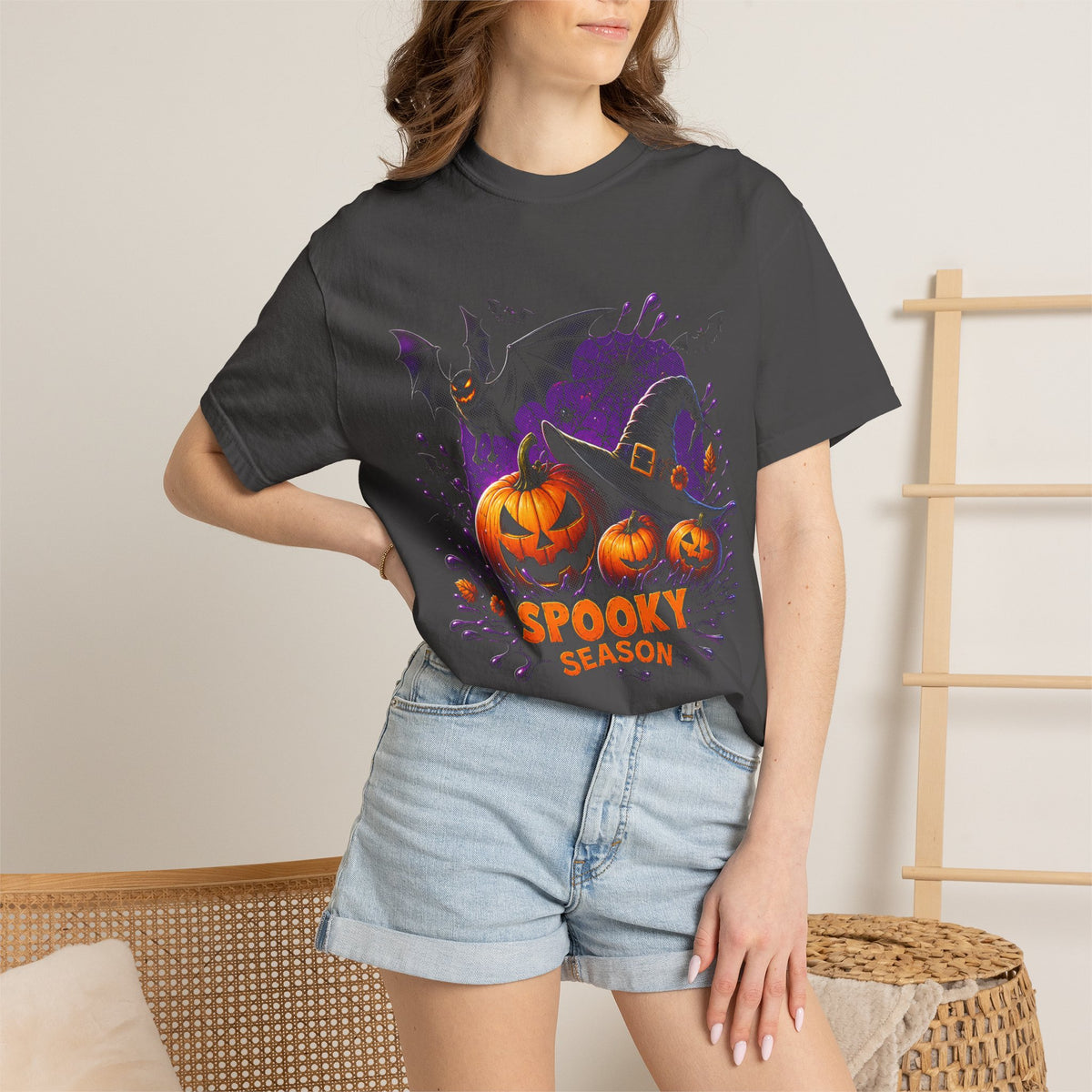Spooky Season Halloween T-Shirt — Jack-o'-Lanterns & Bat Graphic