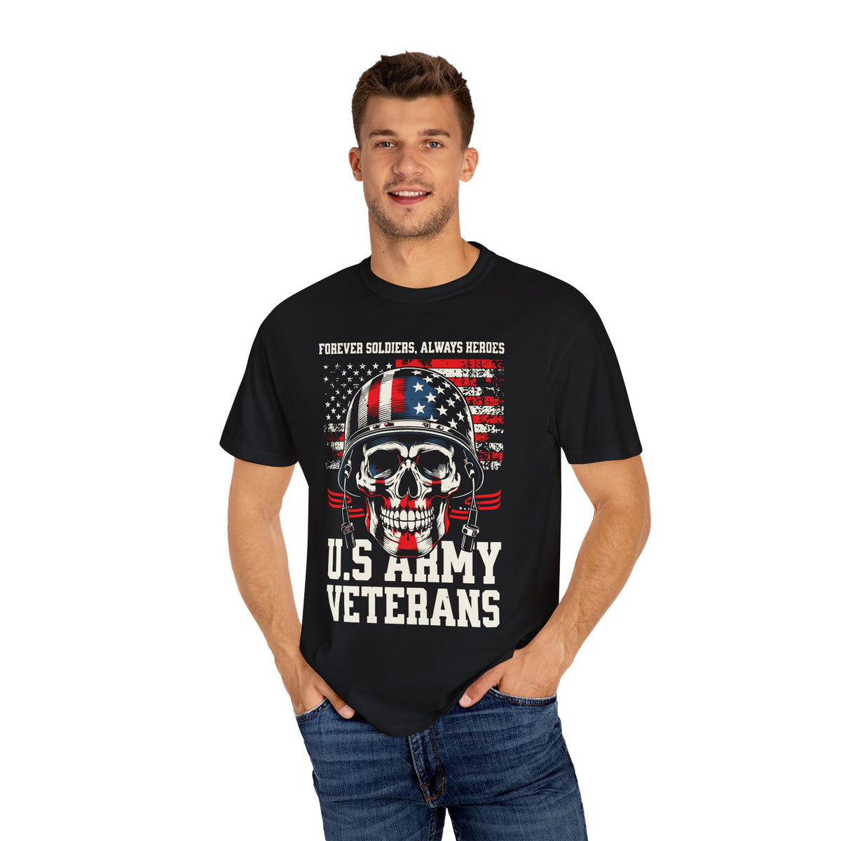 Patriotic Skull T-shirt for Veterans, Unisex Garment-Dyed Tee, Memorial Day, Army Pride, Gift for Soldiers