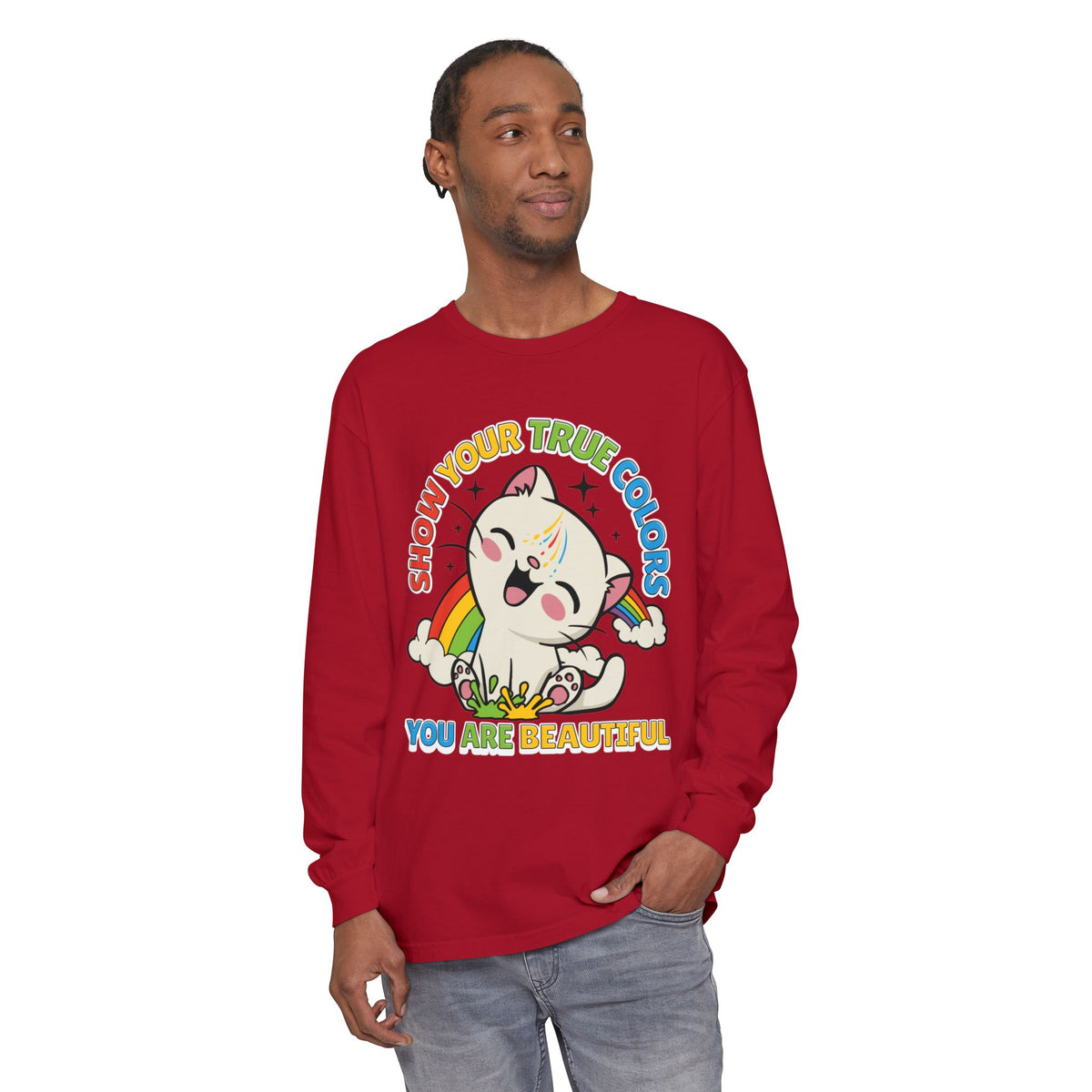 Cute Cat Long Sleeve T-Shirt - Show Your True Colors, Rainbow Graphic Tee, Gift for Cat Lovers, LGBTQ+ Pride Apparel, Fun Casual Wear