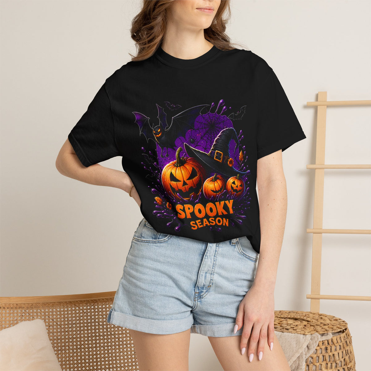 Spooky Season Halloween T-Shirt — Jack-o'-Lanterns & Bat Graphic