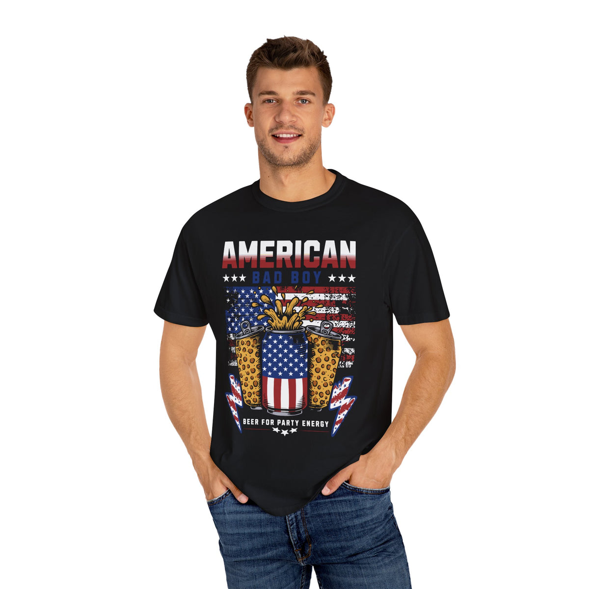 Patriotic Party T-Shirt - American Bad Boy Tee, Unique Graphic Tee, 4th of July Outfit, BBQ & Celebration Shirt, Gift for Him