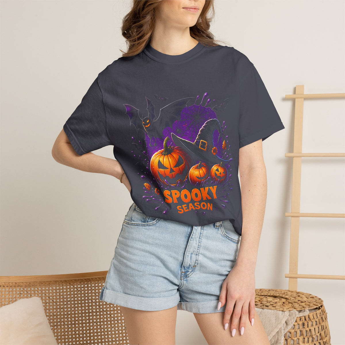 Spooky Season Halloween T-Shirt — Jack-o'-Lanterns & Bat Graphic