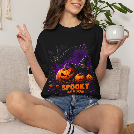 Spooky Season Halloween T-Shirt — Jack-o'-Lanterns & Bat Graphic